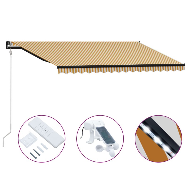 vidaXL Einziehbare Markise mit Windsensor & LED 400x300cm Gelb Weiß vidaXL Einziehbare Markise mit Windsensor & LED 400x300cm Gelb Weiß