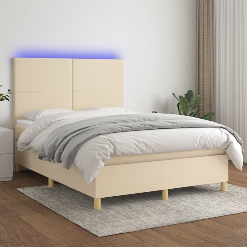 vidaXL Boxspringbett mit Matratze & LED Creme 140x200 cm Stoff vidaXL Boxspringbett mit Matratze & LED Creme 140x200 cm Stoff