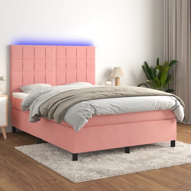 vidaXL Boxspringbett mit Matratze & LED Rosa 140x200 cm Samt vidaXL Boxspringbett mit Matratze & LED Rosa 140x200 cm Samt