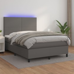 vidaXL Boxspringbett mit Matratze & LED Grau 140x200 cm Kunstleder