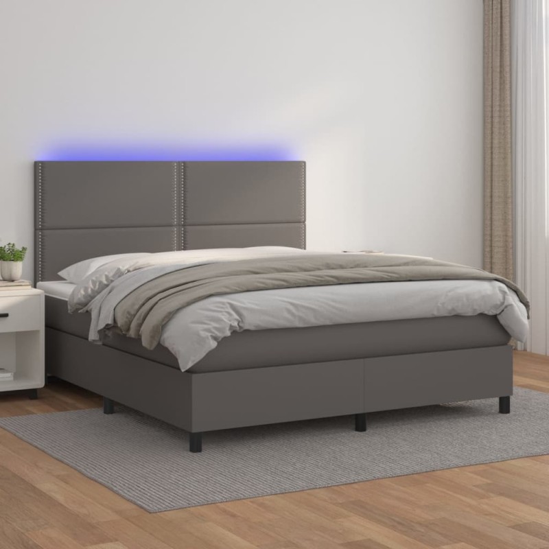 vidaXL Boxspringbett mit Matratze & LED Grau 160x200 cm Kunstleder vidaXL Boxspringbett mit Matratze & LED Grau 160x200 cm Kunstleder