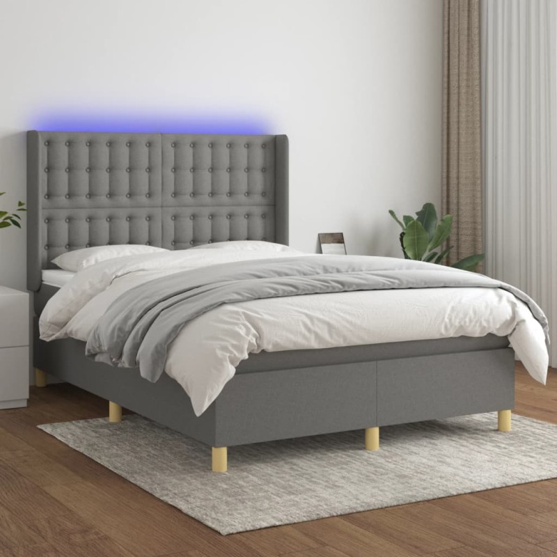 vidaXL Boxspringbett mit Matratze & LED Dunkelgrau 140x190 cm Stoff vidaXL Boxspringbett mit Matratze & LED Dunkelgrau 140x190 cm Stoff