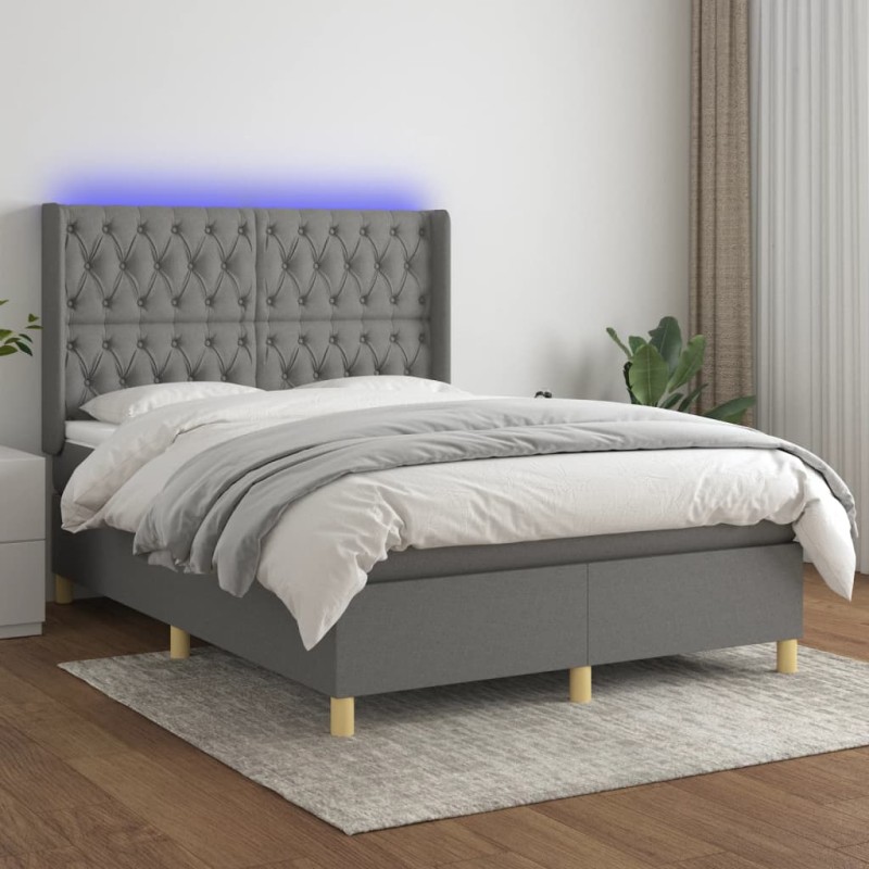 vidaXL Boxspringbett mit Matratze & LED Dunkelgrau 140x190 cm Stoff vidaXL Boxspringbett mit Matratze & LED Dunkelgrau 140x190 cm Stoff