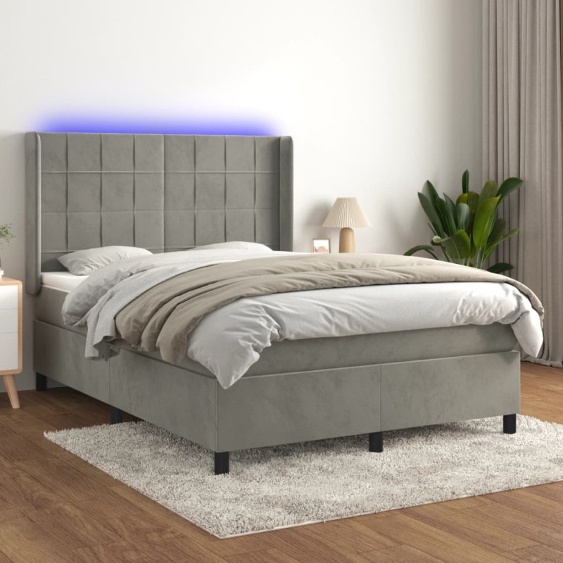 vidaXL Boxspringbett mit Matratze & LED Hellgrau 140x200 cm Samt vidaXL Boxspringbett mit Matratze & LED Hellgrau 140x200 cm Samt