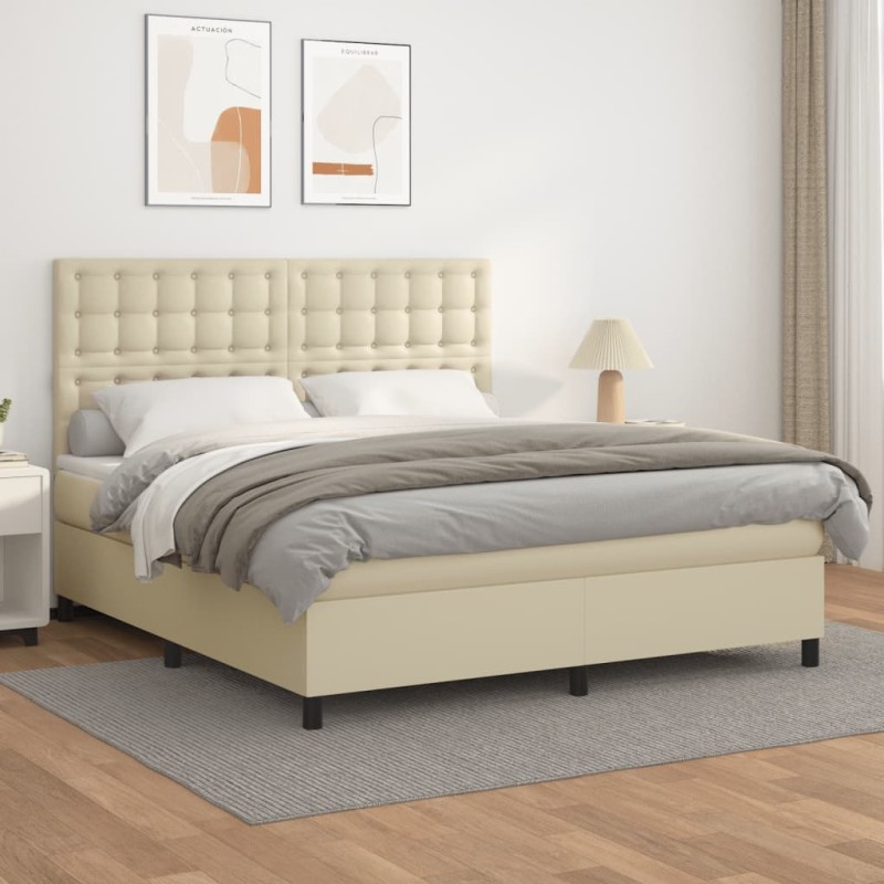 vidaXL Boxspringbett mit Matratze Creme 160x200 cm Kunstleder vidaXL Boxspringbett mit Matratze Creme 160x200 cm Kunstleder