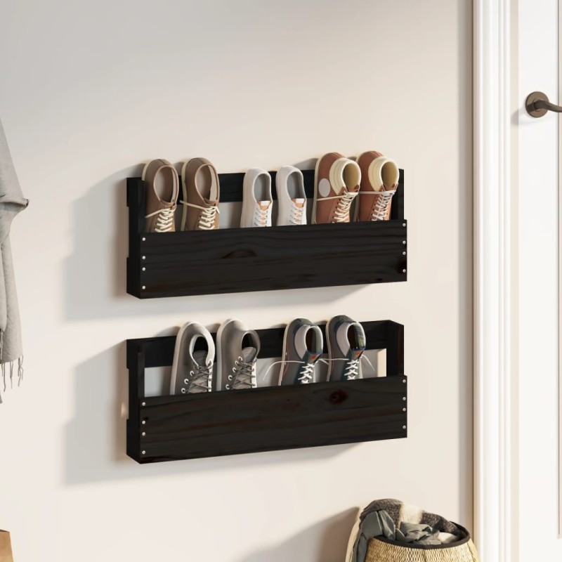 vidaXL Wand-Schuhregale 2 Stk. Schwarz 59x9x23 cm Massivholz Kiefer vidaXL Wand-Schuhregale 2 Stk. Schwarz 59x9x23 cm Massivholz Kiefer