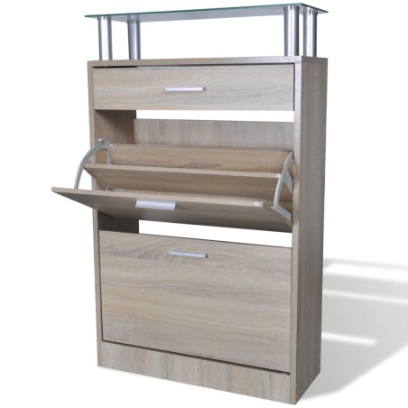 vidaXL Schuhschrank mit Schubfach & oberes Glasregal Holz Eichenoptik