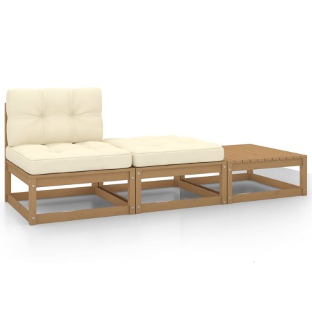 3-tlg. Garten-Lounge-Set Kissen Honigbraun Massivholz Kiefer