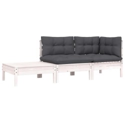 3-tlg. Garten-Lounge-Set mit Kissen Weiß Kiefer Massivholz