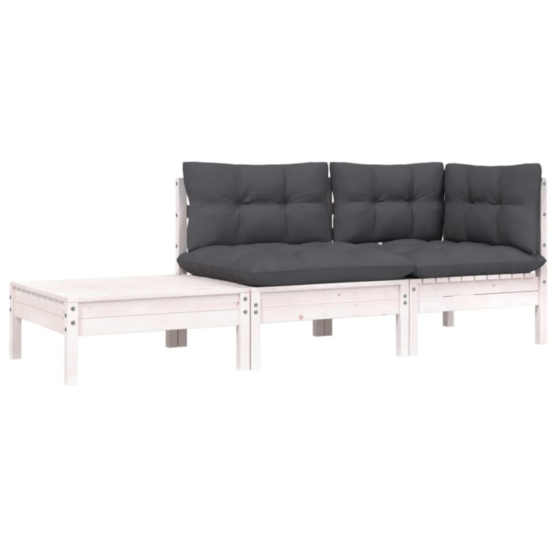 3-tlg. Garten-Lounge-Set mit Kissen Weiß Kiefer Massivholz 3-tlg. Garten-Lounge-Set mit Kissen Weiß Kiefer Massivholz