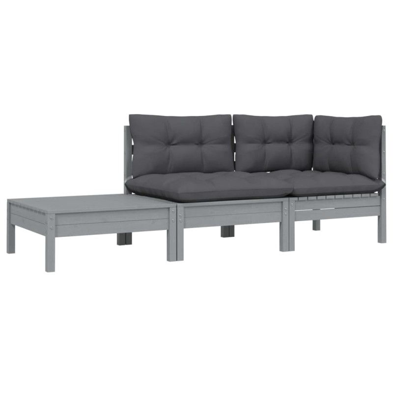 3-tlg. Garten-Lounge-Set mit Kissen Grau Kiefer Massivholz 3-tlg. Garten-Lounge-Set mit Kissen Grau Kiefer Massivholz
