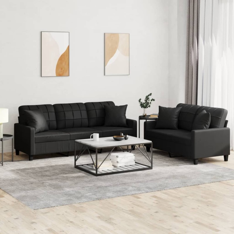 vidaXL 2-tlg. Sofagarnitur mit Kissen Schwarz Kunstleder vidaXL 2-tlg. Sofagarnitur mit Kissen Schwarz Kunstleder