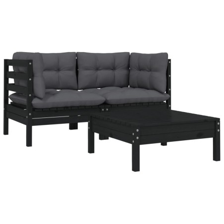 vidaXL 3-tlg. Garten-Lounge-Set mit Kissen Schwarz Kiefer Massivholz