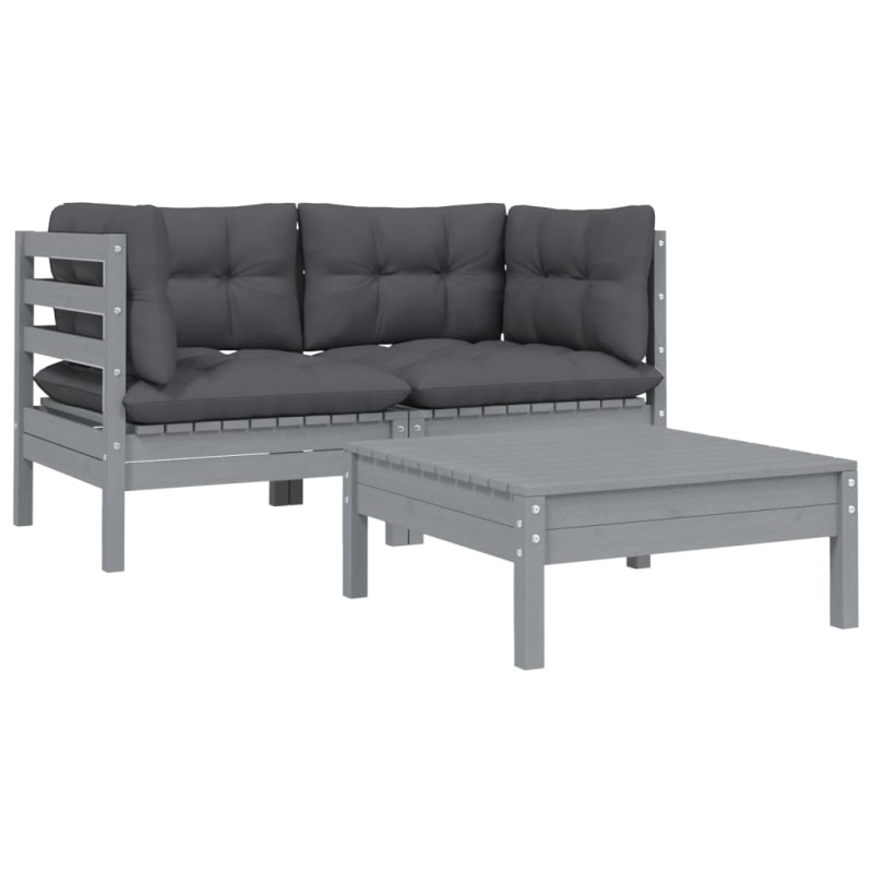 3-tlg. Garten-Lounge-Set mit Kissen Grau Kiefer Massivholz 3-tlg. Garten-Lounge-Set mit Kissen Grau Kiefer Massivholz