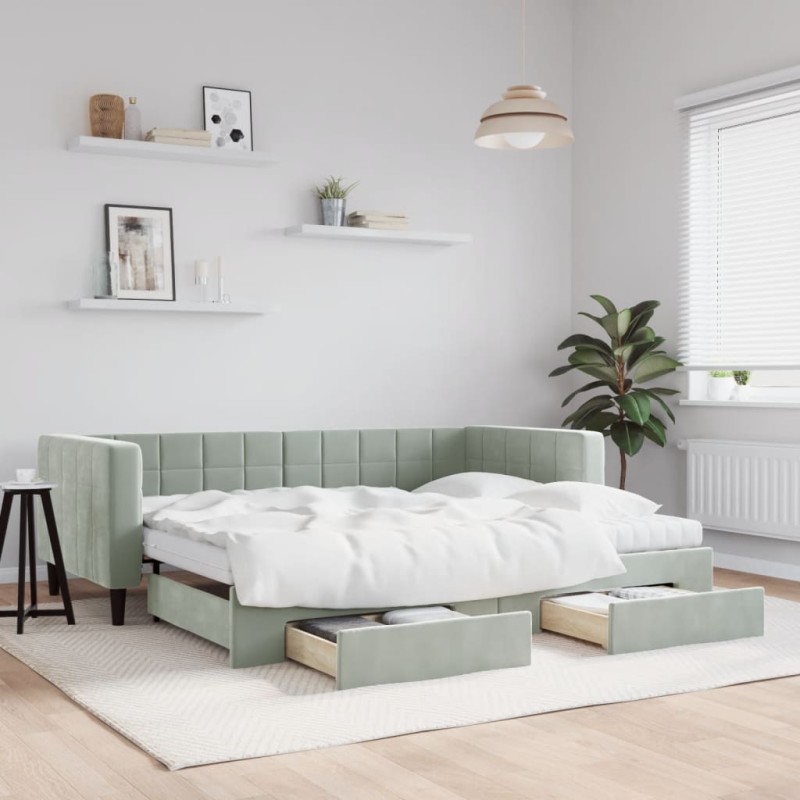 vidaXL Tagesbett Ausziehbar mit Schubladen Hellgrau 90x200 cm Samt vidaXL Tagesbett Ausziehbar mit Schubladen Hellgrau 90x200 cm Samt