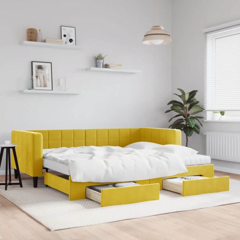 vidaXL Tagesbett Ausziehbar mit Schubladen Gelb 90x200 cm Samt vidaXL Tagesbett Ausziehbar mit Schubladen Gelb 90x200 cm Samt