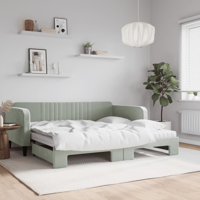 vidaXL Tagesbett Ausziehbar mit Matratzen Hellgrau 100x200 cm Samt vidaXL Tagesbett Ausziehbar mit Matratzen Hellgrau 100x200 cm Samt