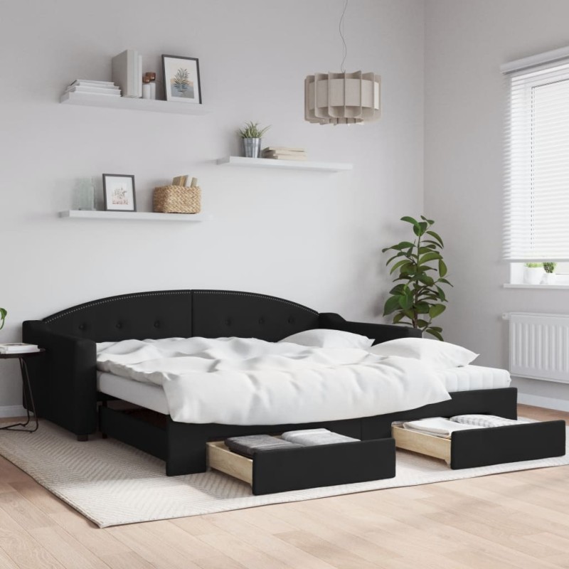 vidaXL Tagesbett Ausziehbar mit Schubladen Schwarz 100x200 cm Stoff vidaXL Tagesbett Ausziehbar mit Schubladen Schwarz 100x200 cm Stoff