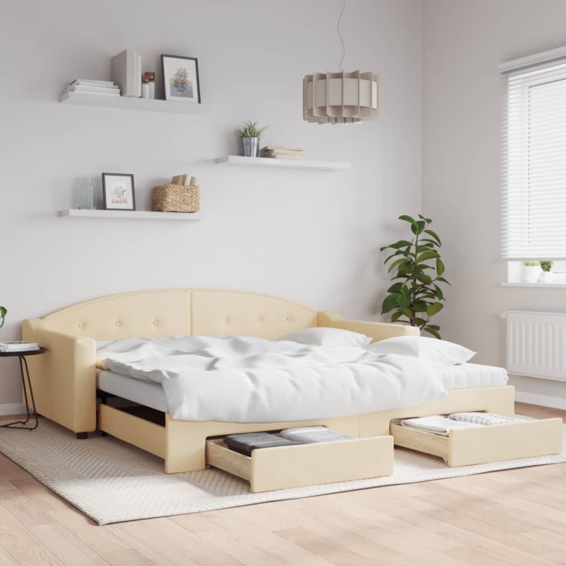 vidaXL Tagesbett Ausziehbar mit Schubladen Creme 100x200 cm Stoff vidaXL Tagesbett Ausziehbar mit Schubladen Creme 100x200 cm Stoff