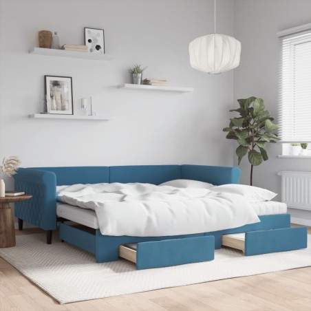 vidaXL Tagesbett Ausziehbar mit Schubladen Blau 100x200 cm Samt