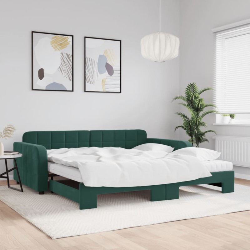 vidaXL Tagesbett Ausziehbar mit Matratzen Dunkelgrün 100x200 cm Samt vidaXL Tagesbett Ausziehbar mit Matratzen Dunkelgrün 100x200 cm Samt