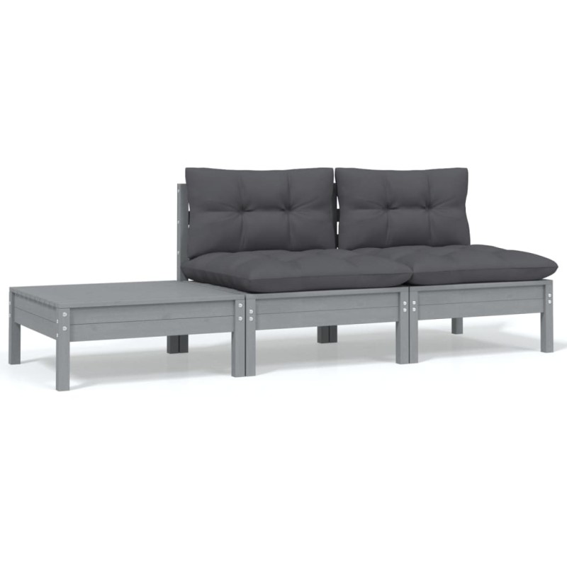 3-tlg. Garten-Lounge-Set mit Kissen Grau Kiefer Massivholz 3-tlg. Garten-Lounge-Set mit Kissen Grau Kiefer Massivholz