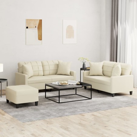 vidaXL 3-tlg. Sofagarnitur mit Kissen Creme Kunstleder