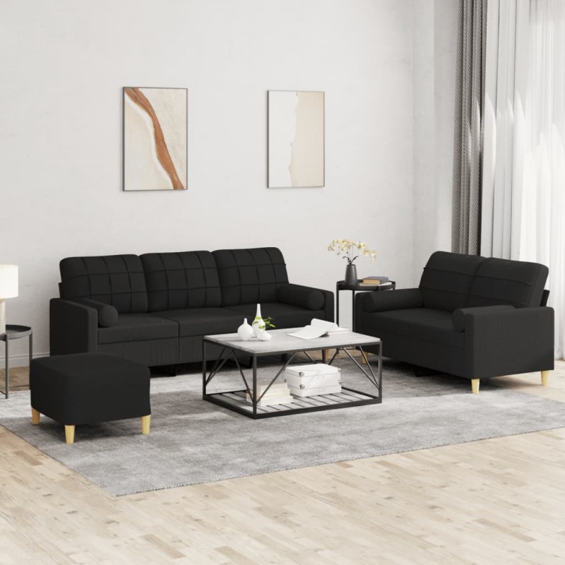 vidaXL 3-tlg. Sofagarnitur mit Kissen Schwarz Stoff vidaXL 3-tlg. Sofagarnitur mit Kissen Schwarz Stoff