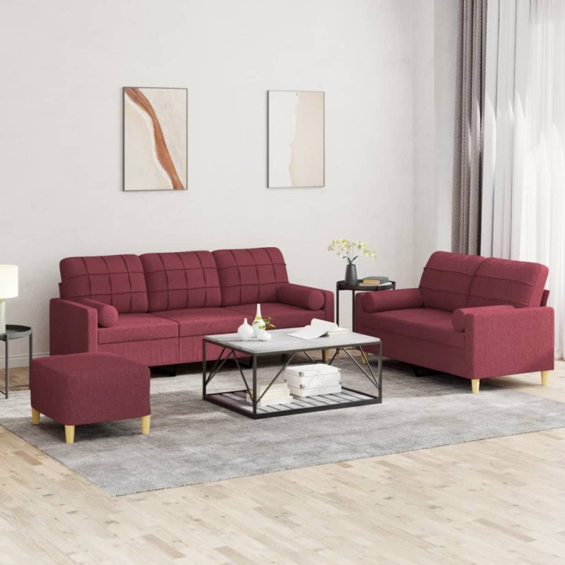 vidaXL 3-tlg. Sofagarnitur mit Kissen Weinrot Stoff vidaXL 3-tlg. Sofagarnitur mit Kissen Weinrot Stoff
