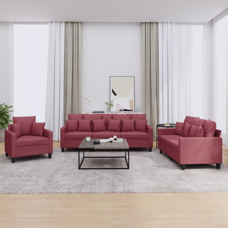 vidaXL 3-tlg. Sofagarnitur mit Kissen Weinrot Stoff vidaXL 3-tlg. Sofagarnitur mit Kissen Weinrot Stoff