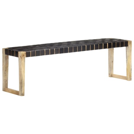 Bank 150 cm Schwarz Echtleder und Massivholz Mango