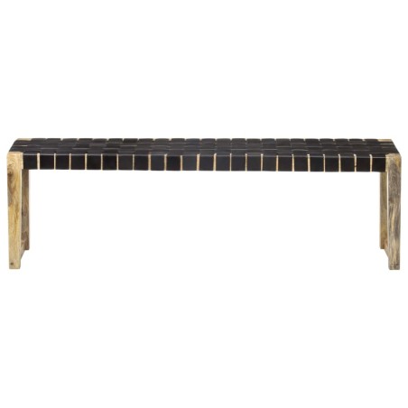 Bank 150 cm Schwarz Echtleder und Massivholz Mango