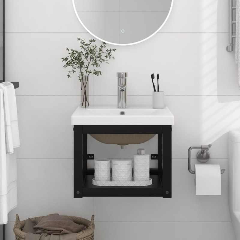 vidaXL Badezimmer-Waschtischgestell mit Waschbecken Schwarz Eisen vidaXL Badezimmer-Waschtischgestell mit Waschbecken Schwarz Eisen