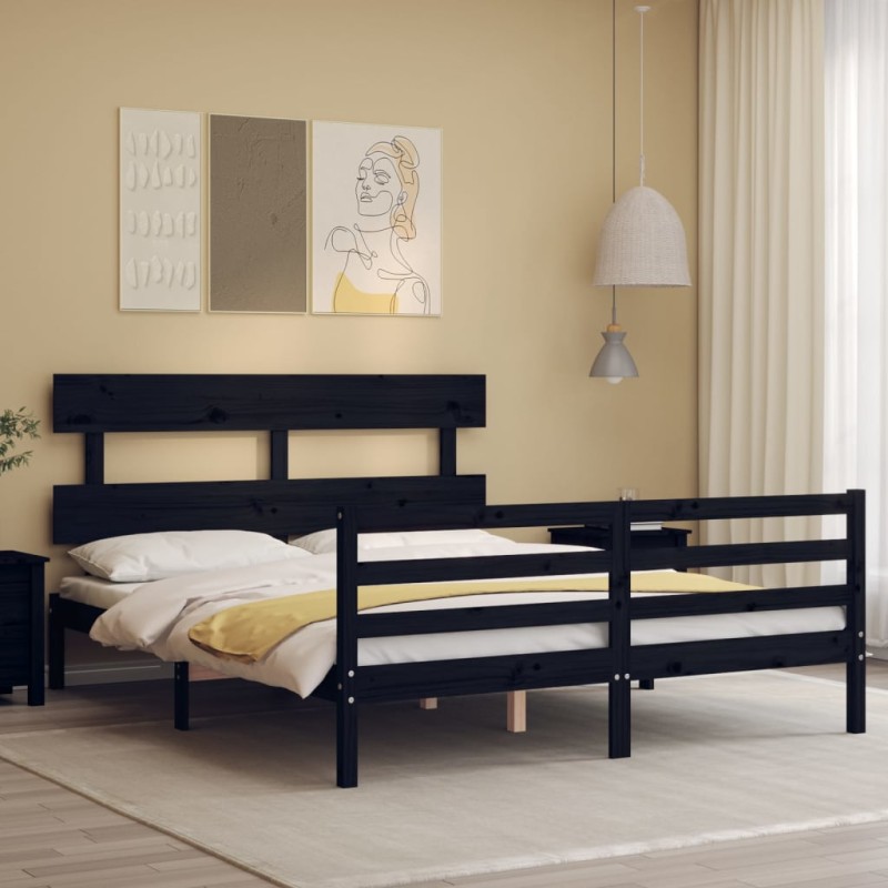 vidaXL Massivholzbett mit Kopfteil Schwarz vidaXL Massivholzbett mit Kopfteil Schwarz