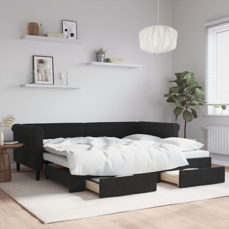 vidaXL Tagesbett Ausziehbar mit Schubladen Schwarz 90x200 cm Samt vidaXL Tagesbett Ausziehbar mit Schubladen Schwarz 90x200 cm Samt
