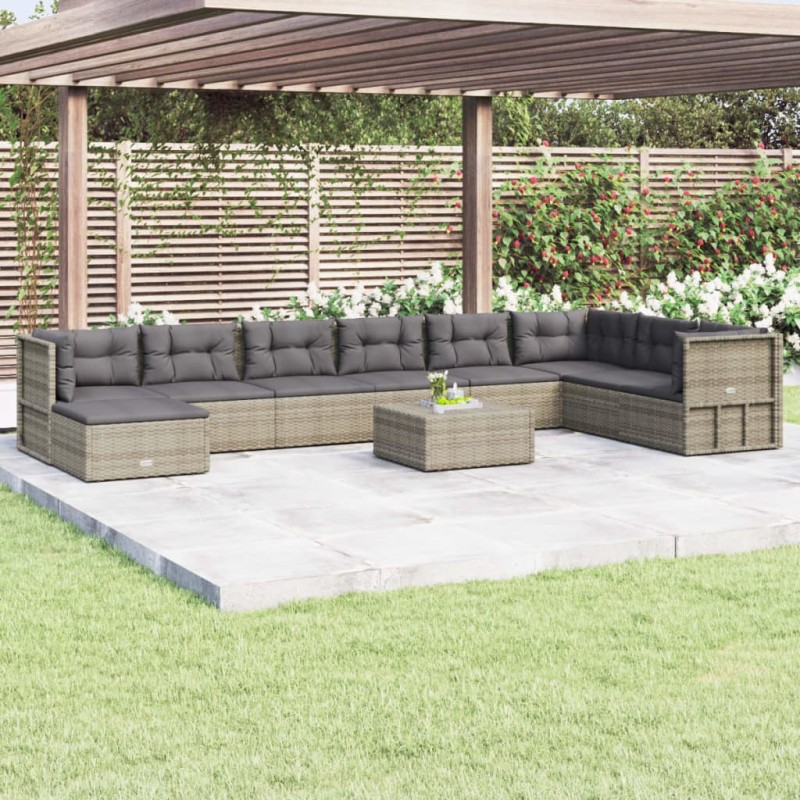 vidaXL 9-tlg. Garten-Lounge-Set mit Kissen Grau Poly Rattan vidaXL 9-tlg. Garten-Lounge-Set mit Kissen Grau Poly Rattan