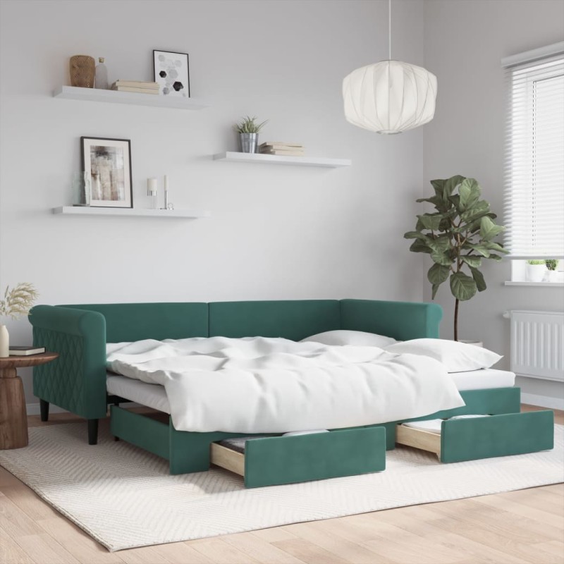 vidaXL Tagesbett Ausziehbar mit Schubladen Dunkelgrün 90x200 cm Samt vidaXL Tagesbett Ausziehbar mit Schubladen Dunkelgrün 90x200 cm Samt
