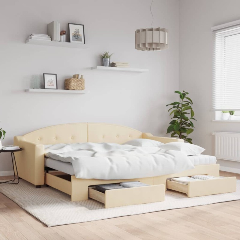 vidaXL Tagesbett Ausziehbar mit Schubladen Creme 90x200 cm Stoff vidaXL Tagesbett Ausziehbar mit Schubladen Creme 90x200 cm Stoff