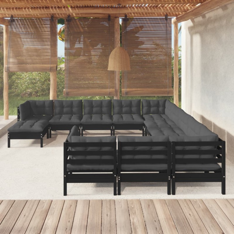 vidaXL 12-tlg. Garten-Lounge-Set mit Kissen Schwarz Kiefernholz vidaXL 12-tlg. Garten-Lounge-Set mit Kissen Schwarz Kiefernholz