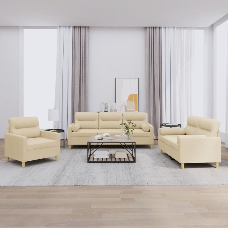 vidaXL 3-tlg. Sofagarnitur mit Kissen Creme Stoff vidaXL 3-tlg. Sofagarnitur mit Kissen Creme Stoff