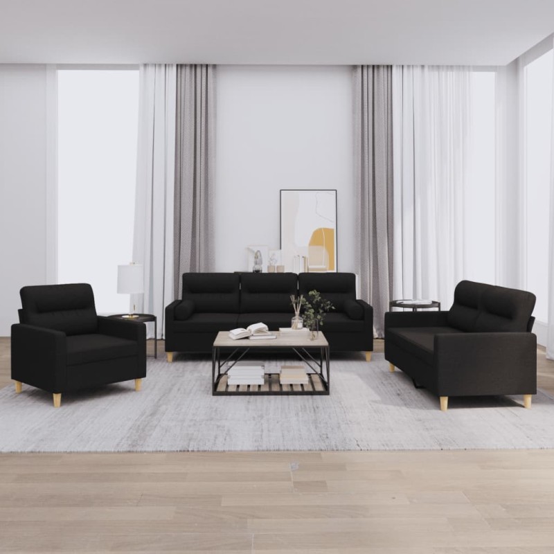 vidaXL 3-tlg. Sofagarnitur mit Kissen Schwarz Stoff vidaXL 3-tlg. Sofagarnitur mit Kissen Schwarz Stoff