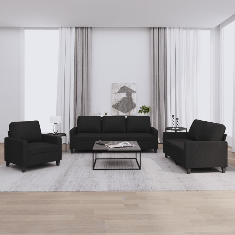 vidaXL 3-tlg. Sofagarnitur mit Kissen Schwarz Stoff vidaXL 3-tlg. Sofagarnitur mit Kissen Schwarz Stoff