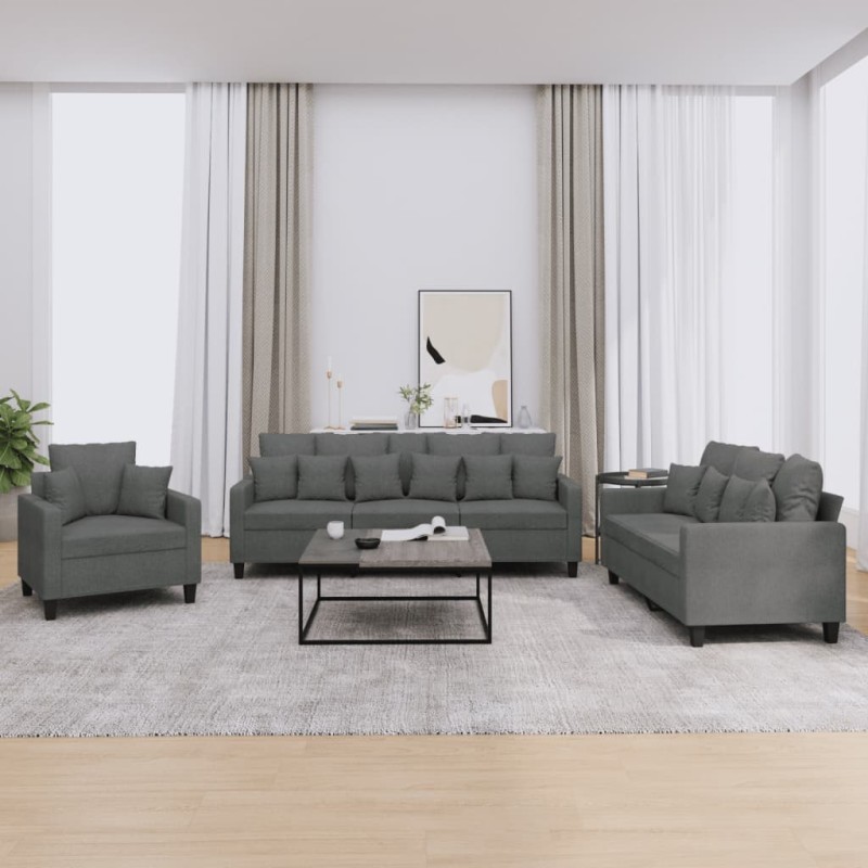 vidaXL 3-tlg. Sofagarnitur mit Kissen Dunkelgrau Stoff vidaXL 3-tlg. Sofagarnitur mit Kissen Dunkelgrau Stoff