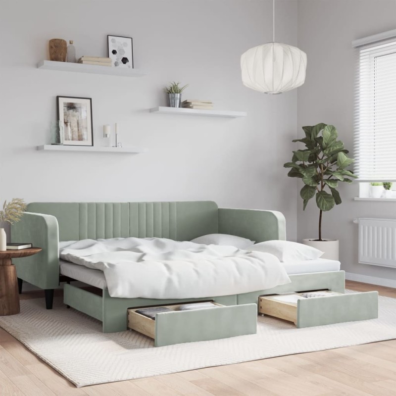 vidaXL Tagesbett Ausziehbar mit Schubladen Hellgrau 90x190 cm Samt vidaXL Tagesbett Ausziehbar mit Schubladen Hellgrau 90x190 cm Samt