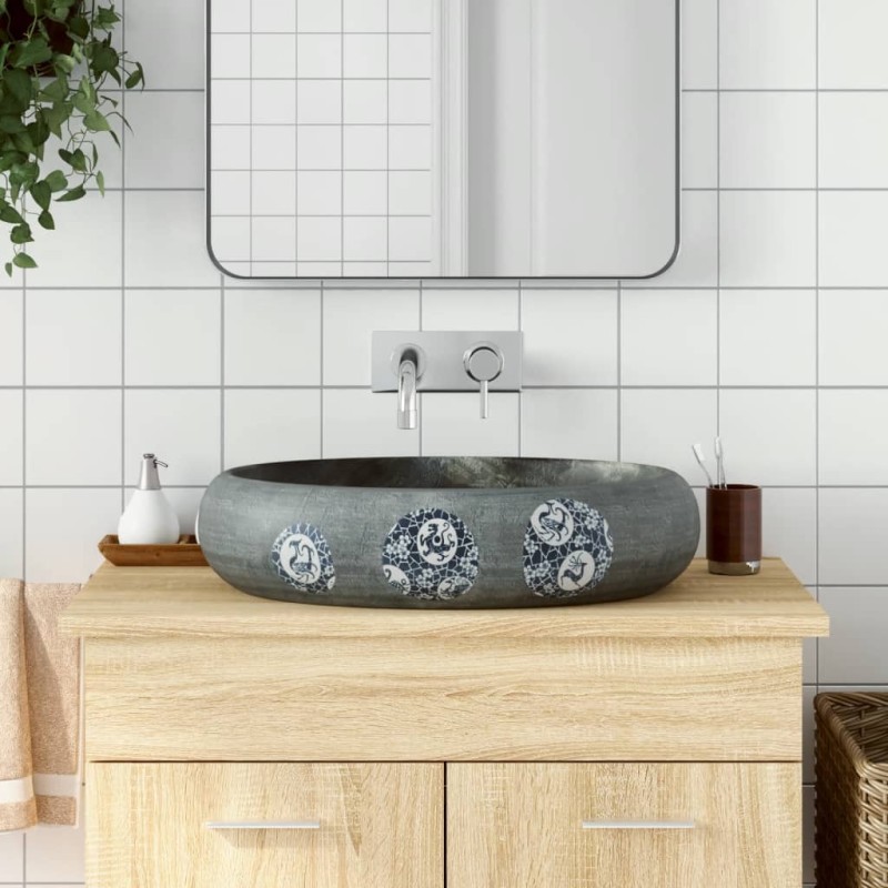 vidaXL Aufsatzwaschbecken Grau Oval 59x40x15 cm Keramik vidaXL Aufsatzwaschbecken Grau Oval 59x40x15 cm Keramik
