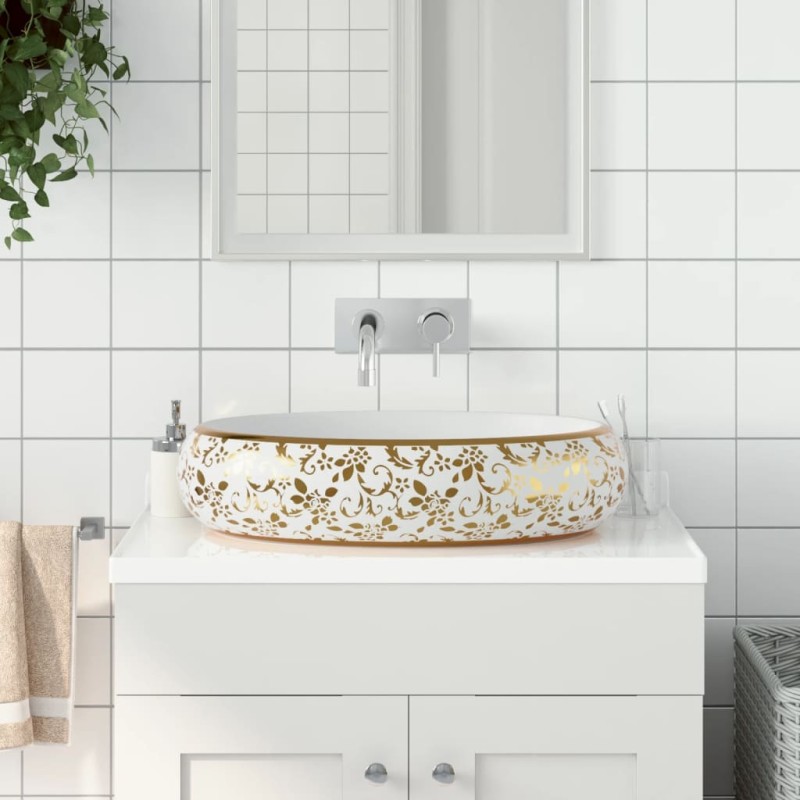 vidaXL Aufsatzwaschbecken Weiß und Golden Oval 59x40x15 cm Keramik vidaXL Aufsatzwaschbecken Weiß und Golden Oval 59x40x15 cm Keramik