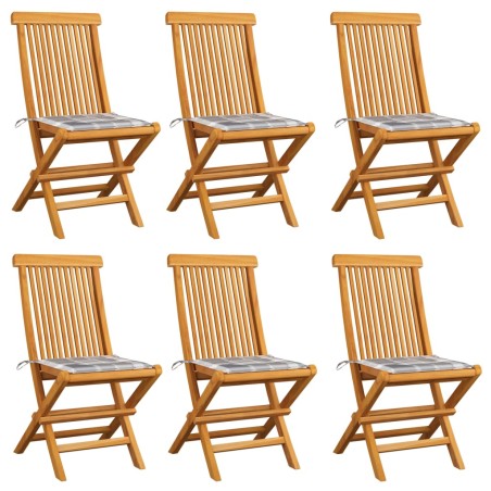vidaXL Gartenstühle mit Kissen 6 Stk. Grau Karomuster Massivholz Teak