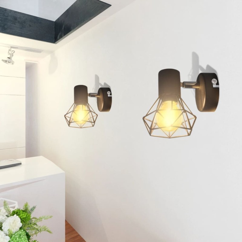 Wandleuchten 2 Stk. LED-Glühlampe Industrie-Stil Drahtschirm Schwarz Wandleuchten 2 Stk. LED-Glühlampe Industrie-Stil Drahtschirm Schwarz