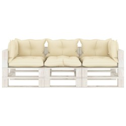 Garten-Palettensofa 3-Sitzer mit Kissen in Creme Holz