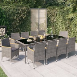 vidaXL 11-tlg. Garten-Essgruppe mit Kissen Poly Rattan Schwarz & Grau